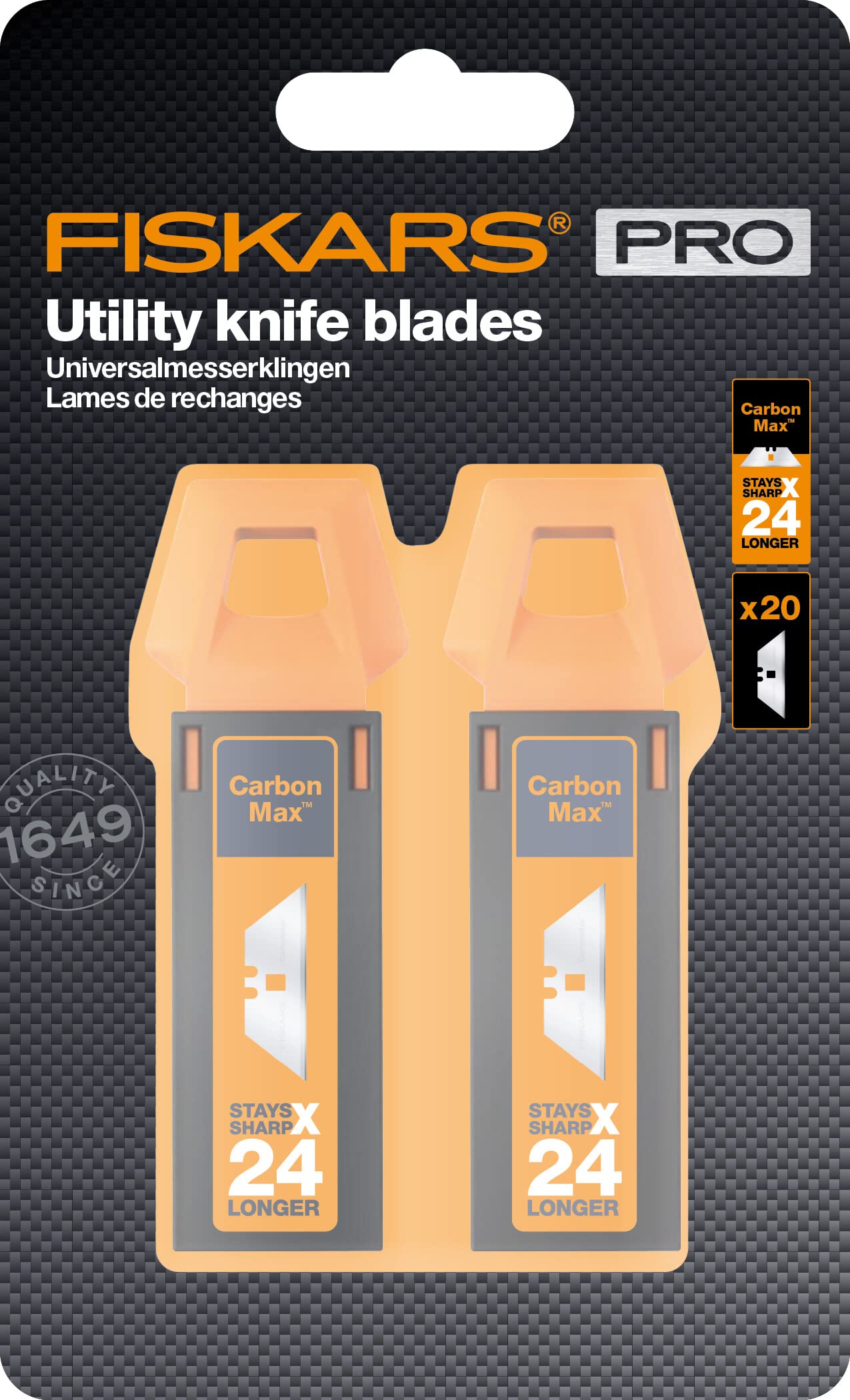 Fiskars Cuchillas Universales de Repuesto, Para los Cúter Universales de Fiskars, Hojas de Acero Inoxidable, Paquete de 20 Unidades, CarbonMax, 1062940