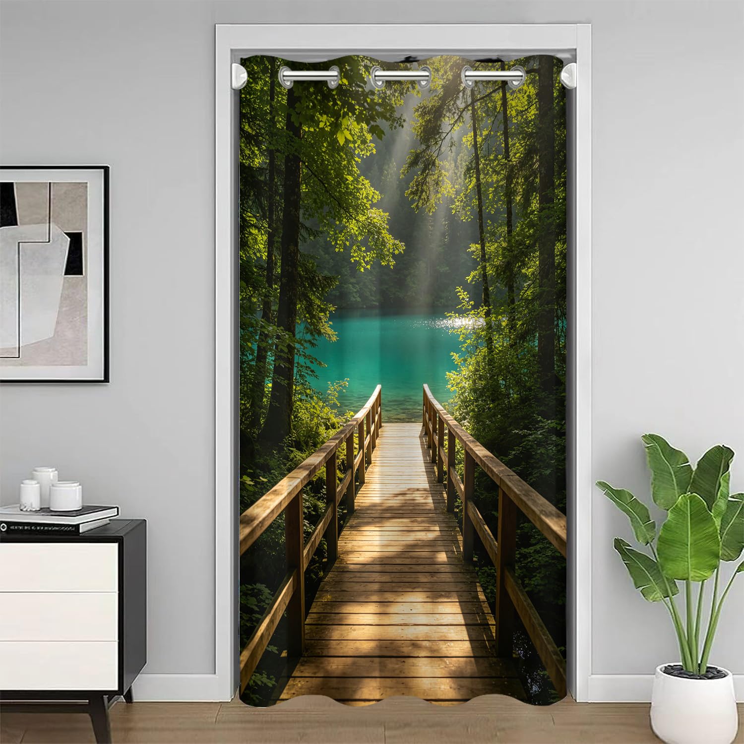 Rideau de porte haut de gamme avec œillets motif forêt et lac en relief 3D