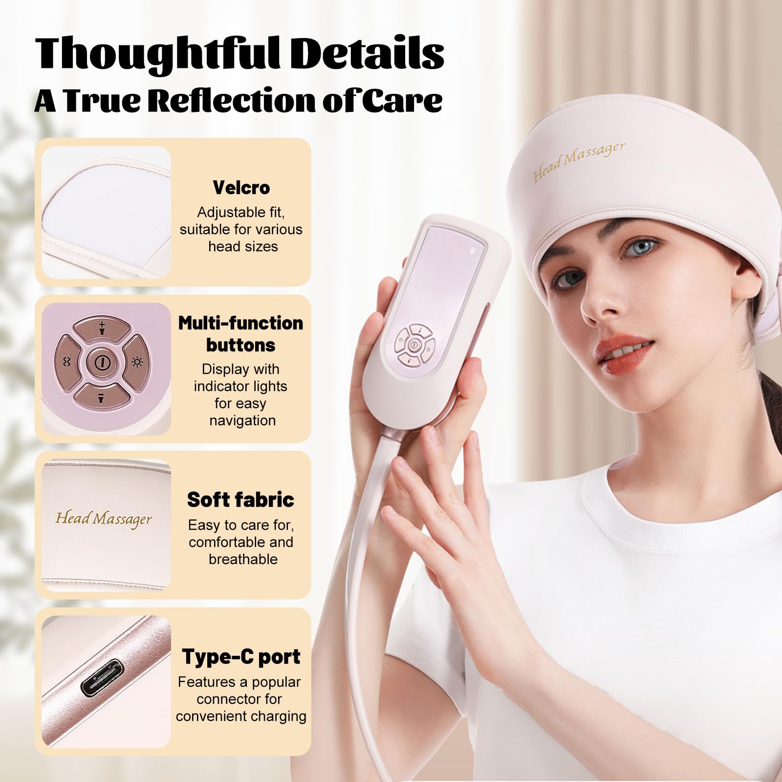 Masseur de Tête Électrique - Appareil Massage Cuir Chevelu - 6 Coussins Gonflables, 3 Niveaux de Chaleur (40-50°C), 5 Modes, 3 Intensités pour une Relaxation Totale.