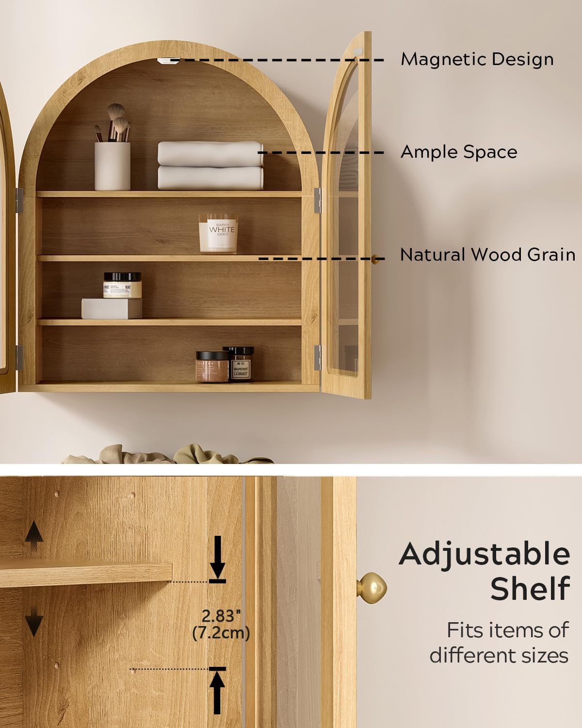 EYYTHUNG Modern Arched Wall Cabinet, Large Bathroom Medicine Wall Mounted Cupboard, Farmhouse Floating Storage Cabinet with Acrylic Door Adjustable Shelf, Wood Organizer (Natural Oak)