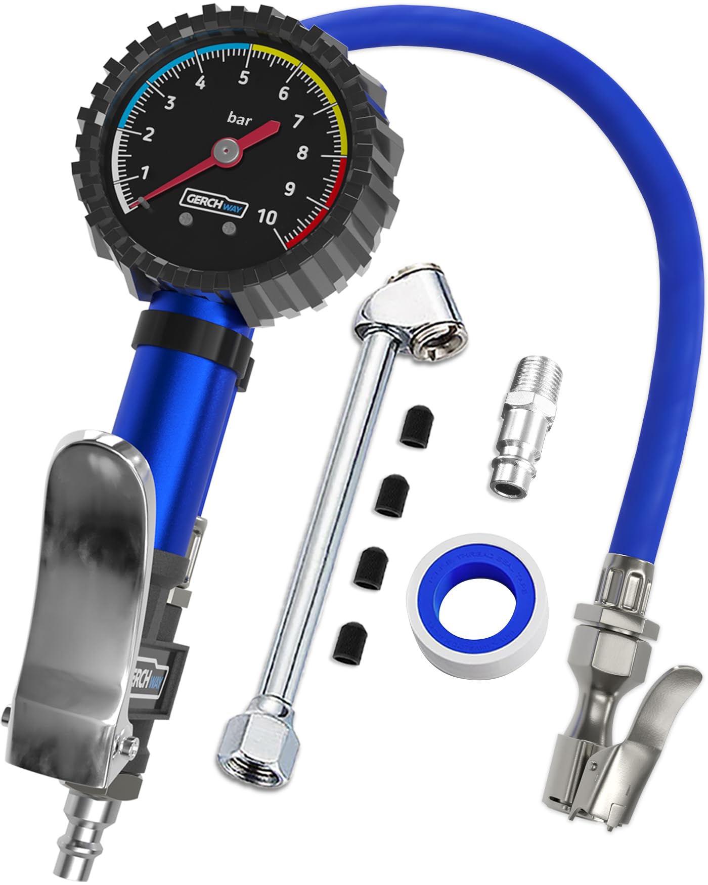GERCHWAY Reifenfüller - Präziser Reifendruckfüller 0-10 bar Druckluft Manometer - Extra langer 50cm Reifenfüllschlauch - Vielseitiger Reifendruckprüfer für Auto, LKW, Fahrrad uvm.