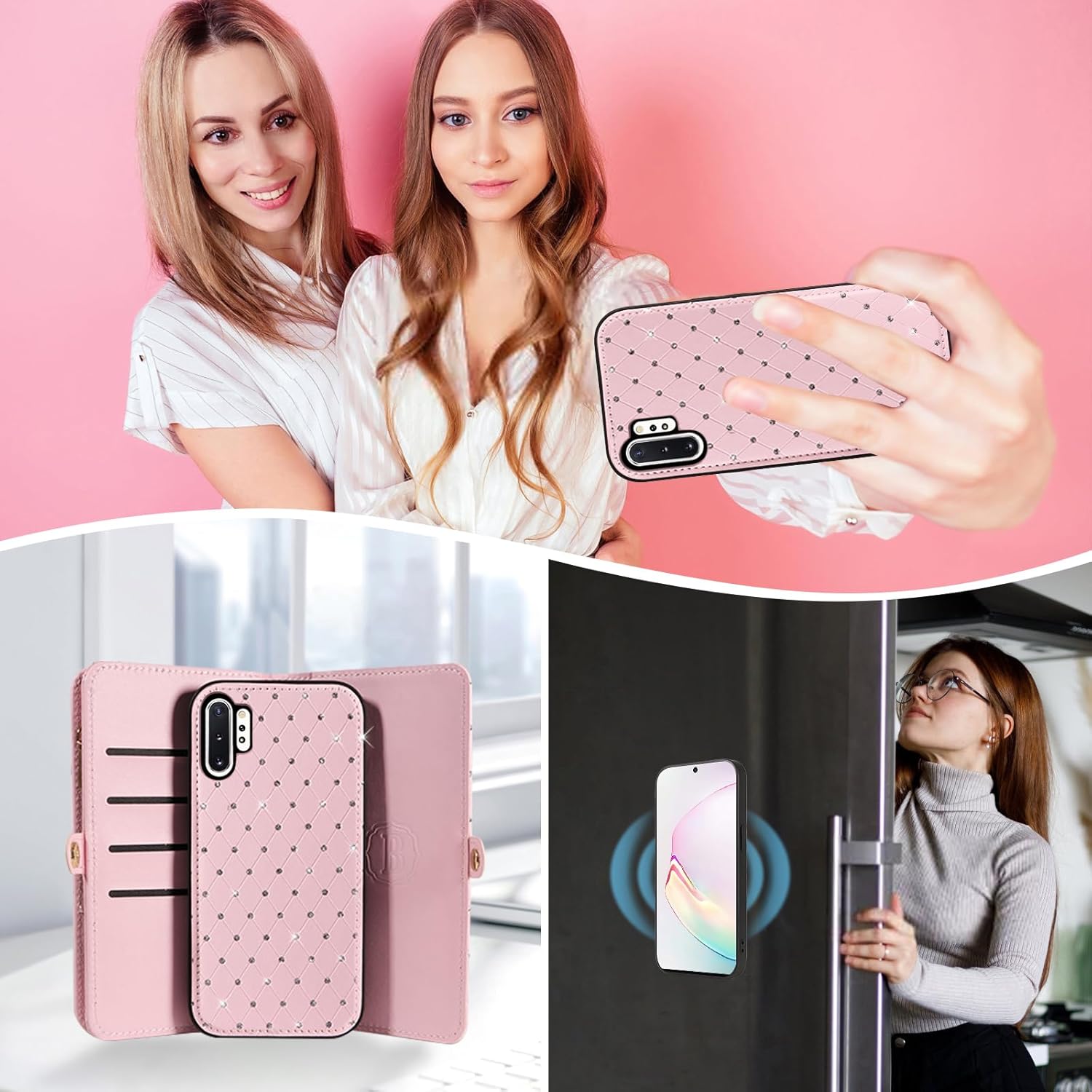 Asuwish Phone Case for Samsung Galaxy Note 10 Plus Note10+ 5G Zipper Wallet Cell Cover with Screen Protector Strap Glitter Flip Card Holder Slot Note10 + Notes 10+ Ten Not S10 10Plus Women Girls Pink
