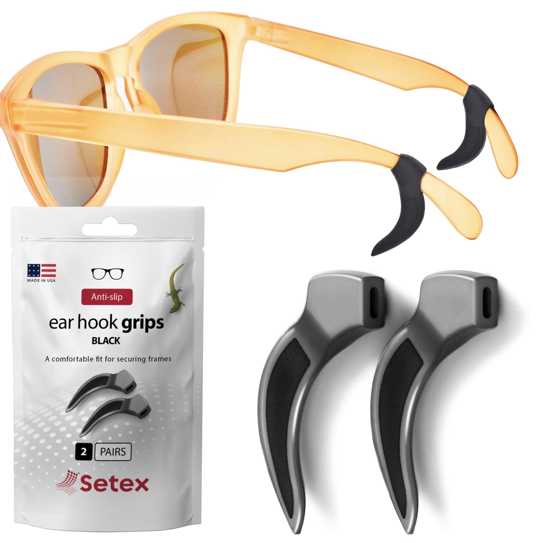 Setex Gecko Grip Earhook Glasses, 2 Black Pairs, USA Made, Innovative Microstructured Fibers Tips, Anti-Slip, Comfortable, Easy to Clean