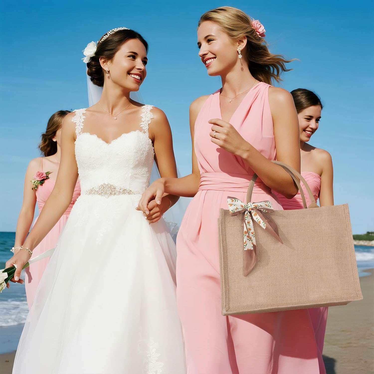 Large Jute Tote Bag Set. Durable, waterproof and reusable. The ribbon pairs with any outfit, for any occasion. - Image 2