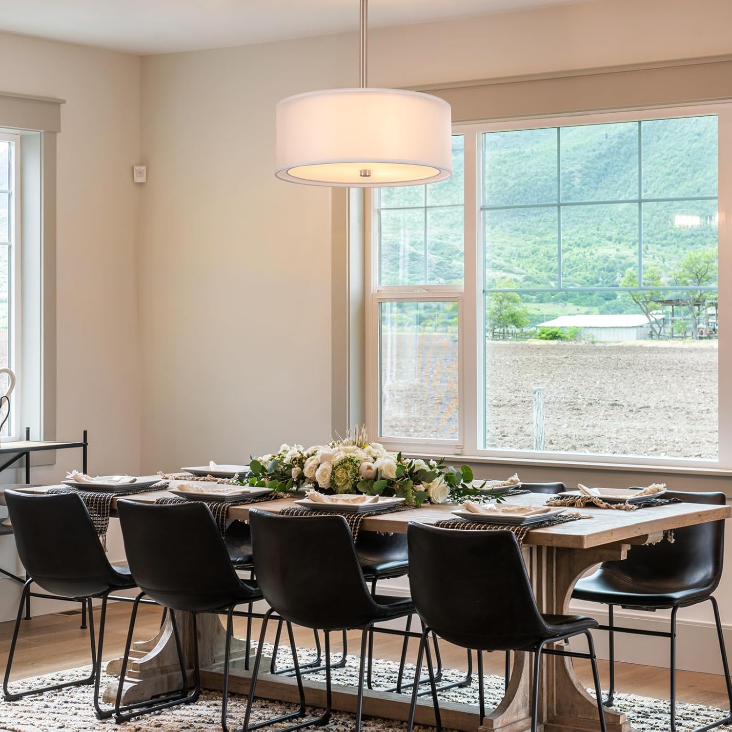 Luupyia 3-Light Fabric Drum Ceiling Lighting with Double Fabric Shade, 12.59 Inches Simple Modern Semi Flush Mount Ceiling Pendant Light Fixture Modern Chandelier for Bedroom, Hallway, Foyer E26 60W