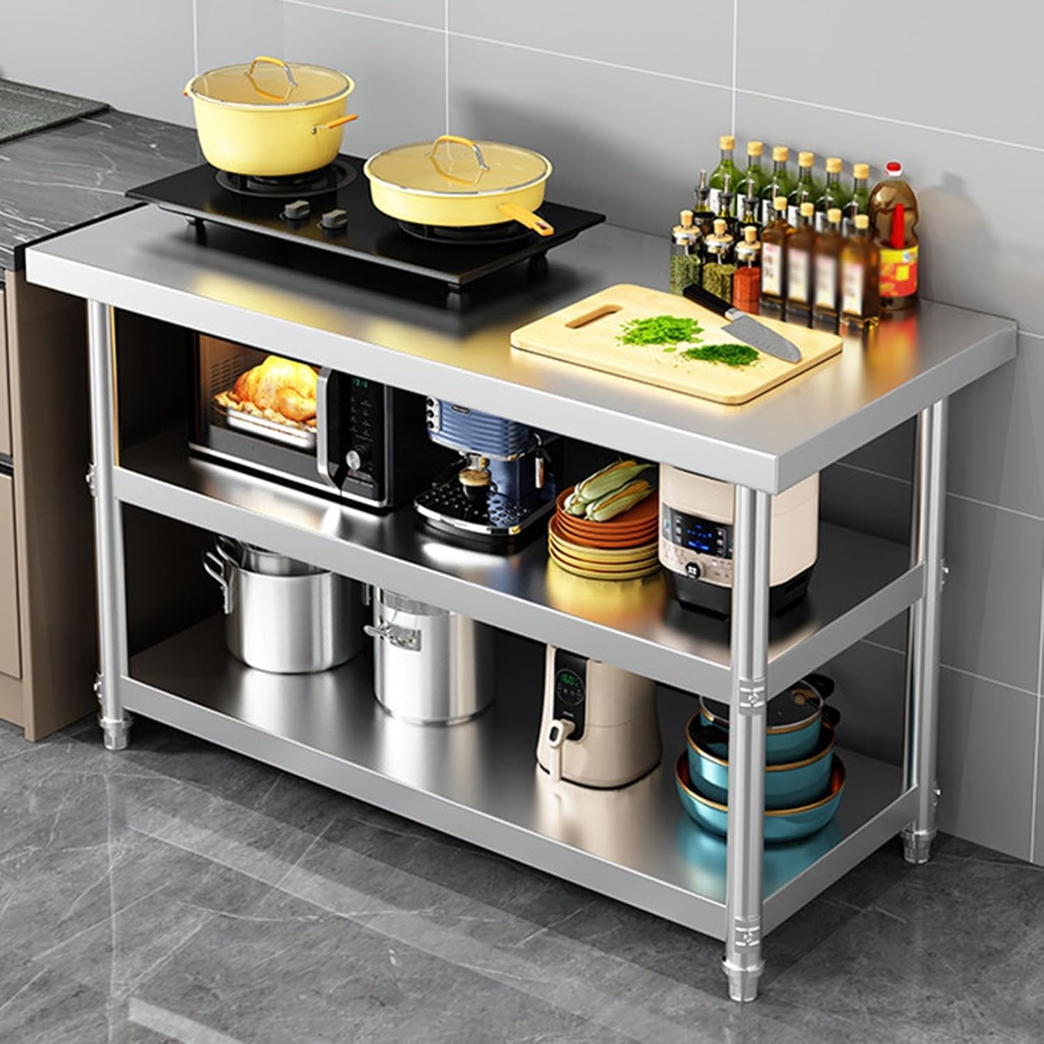 Three Tier Workbench Kitchen Storage Storage Rack Casework Cooker Stand Stainless Steel Workbench Multifunctional Commercial Preparation Table Packing Table