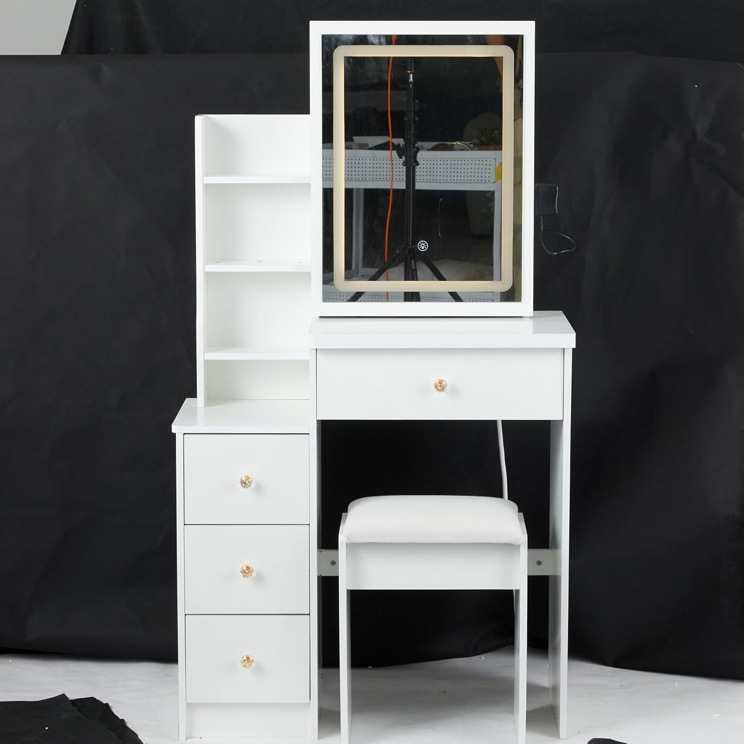 Maximize Space with Small Bedside Cabinet Vanity Table Set, Adjustable LED Mirror 3 Color Options, White