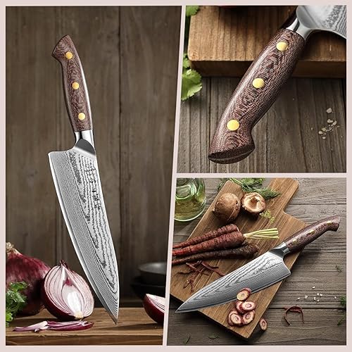 Miniatura 9 de HEZHEN Cuchillo de chef de Damasco con funda, 8.3 pulgadas, 67 capas, cuchillo de cocina japonés de acero Dmascus para chefs profesionales y
