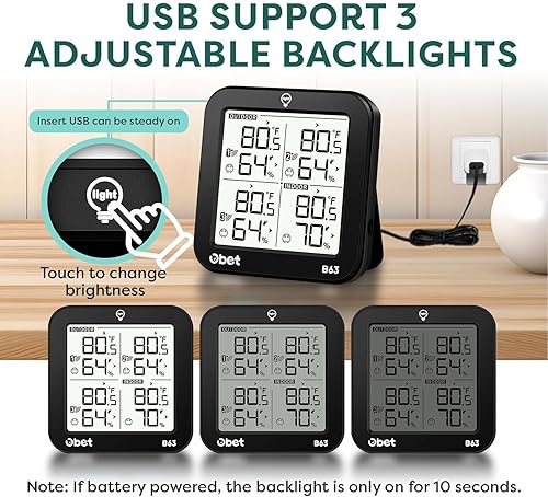 Miniatura 9 de OBET Termómetro inalámbrico para interiores y exteriores con 3 sensores, estación meteorológica, monitor de temperatura y humedad, rango de 500 pies