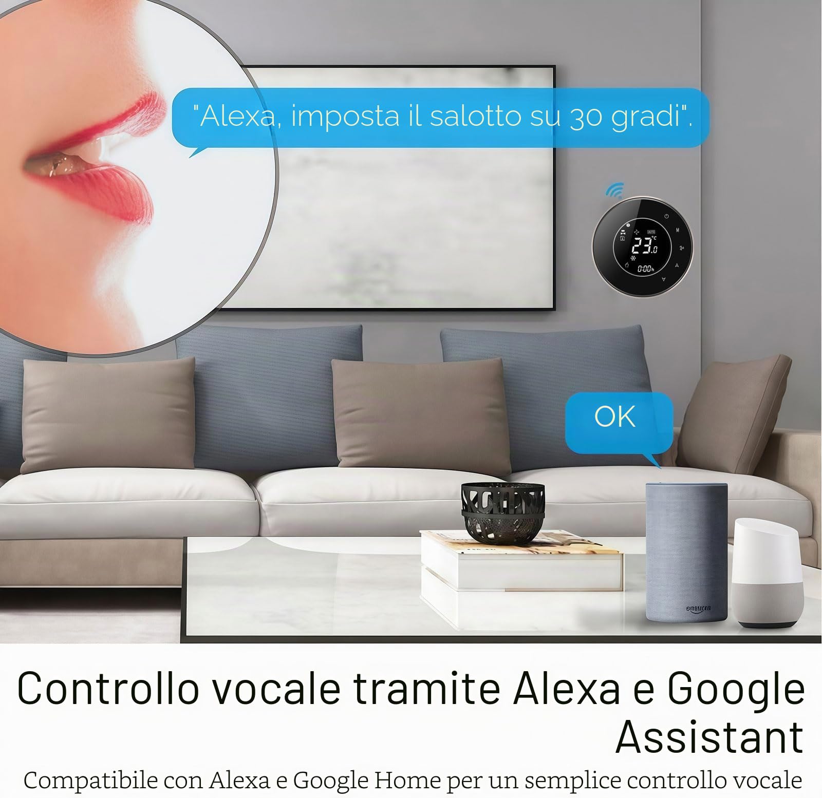 6000 Serie Wi-Fi Termostato- Termostato Touchscreen Programmabile per Riscaldamento o Raffreddamento - Controllo Remoto da Cellulare Compatibile con Alexa, Google Home e IFTTT