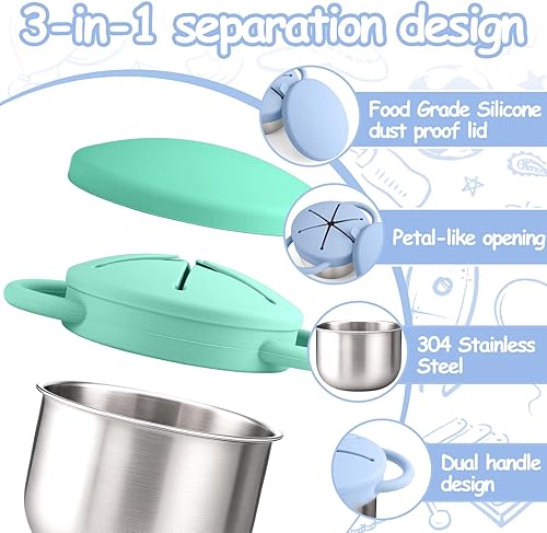 Miniatura 3 de Mity rain Paquete de 2 recipientes de acero inoxidable para niños con tapas y asas de silicona a prueba de derrames, tazas de aperitivos 3 en 1,