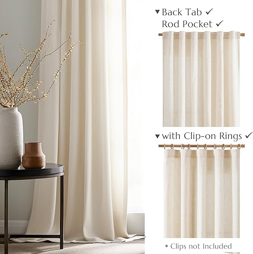 Miniatura 3 de jinchan Cortinas de lino beige de 63 pulgadas de largo para sala de estar, cortinas de granja con bolsillo para barra, pestaña trasera, filtro de