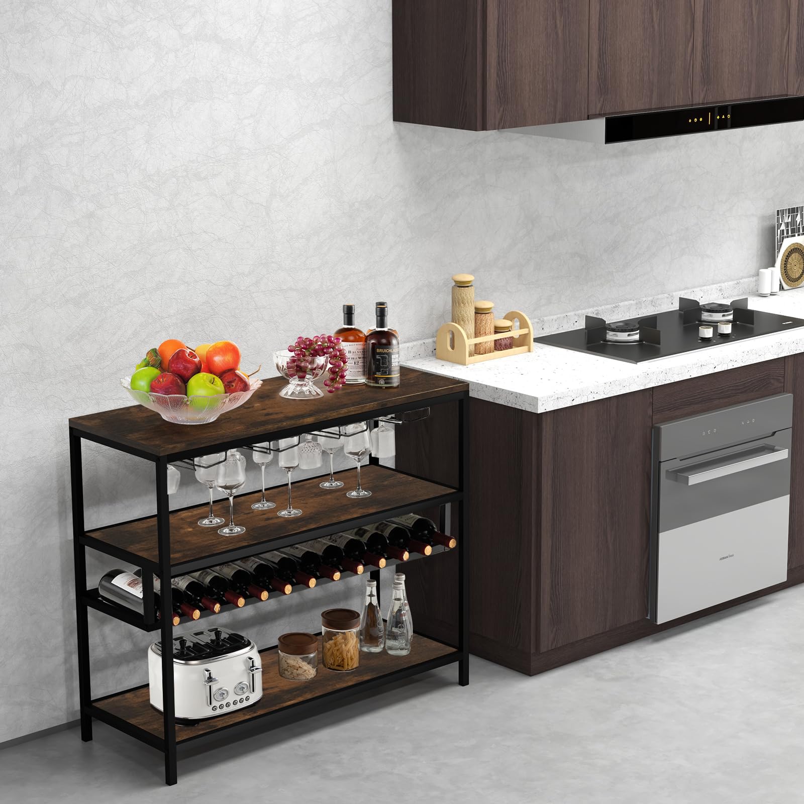COSTWAY Estante Botellero Vino, Mueble Bar Industrial con Botellero y 4 Filas de Soportes para Vasos, Amplio Tablero y Estantes Abiertos, Armario Independiente para Vinos en Cocina, Comedor, Buffet