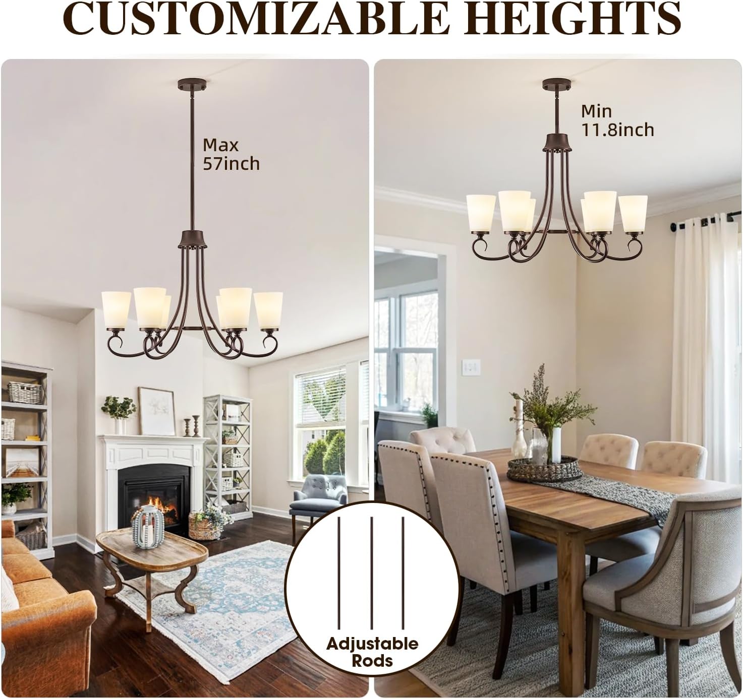 6-Light Modern Oil Rubbed Bronze Chandeliers for Dining Room 50'' Adjustable Height Farmhouse Pendant Light with Frosted Glass Shades,Brown Chandeliers Hanging Lamp for Kitchen Island Entryway