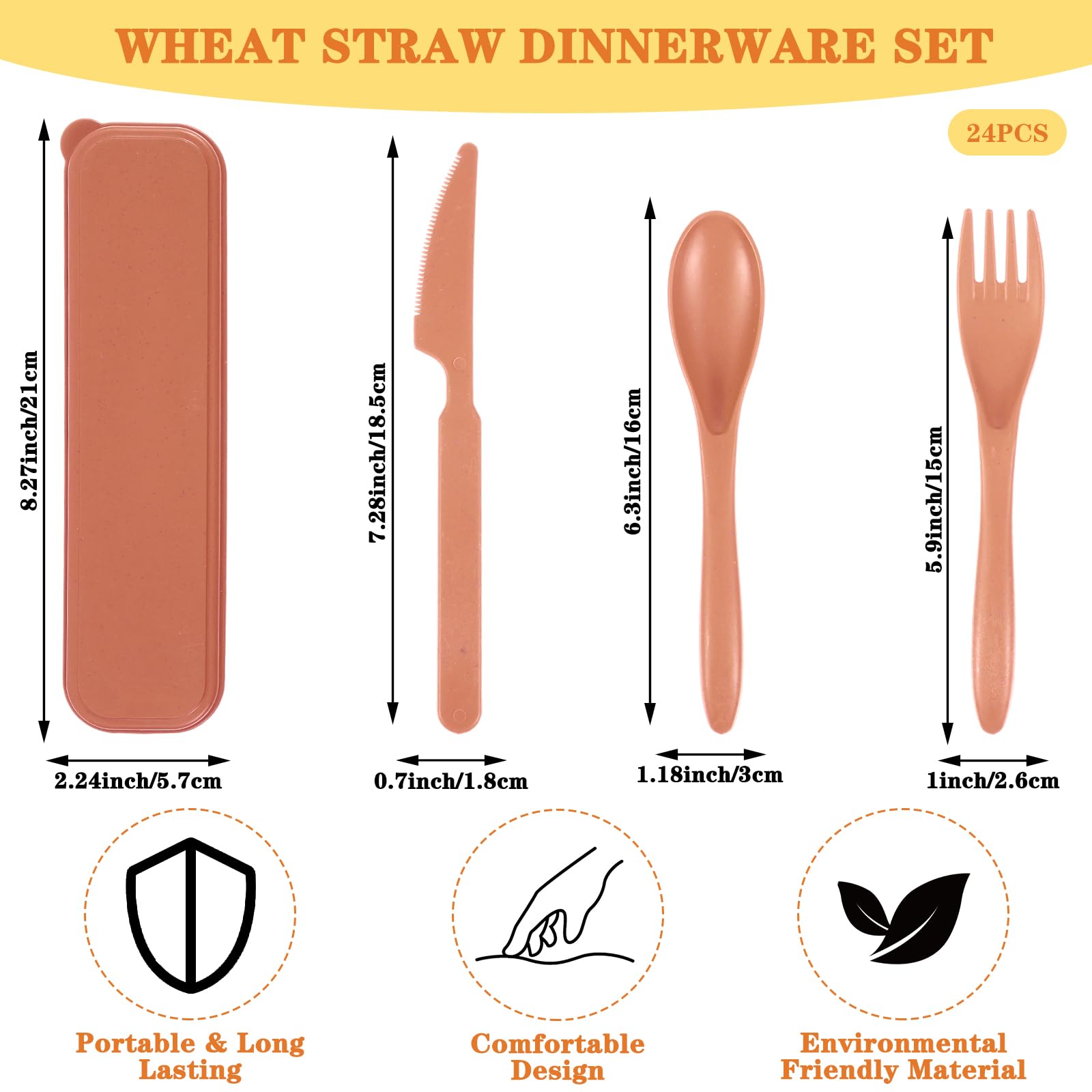 24 Sets Reusable Travel Utensils Set with Case, Wheat Straw Portable Knife Fork Spoons Cutlery, Eco-Friendly BPA Free Plastic Tableware for Kids Adults Travel Picnic Camping Utensils (8 Colors)