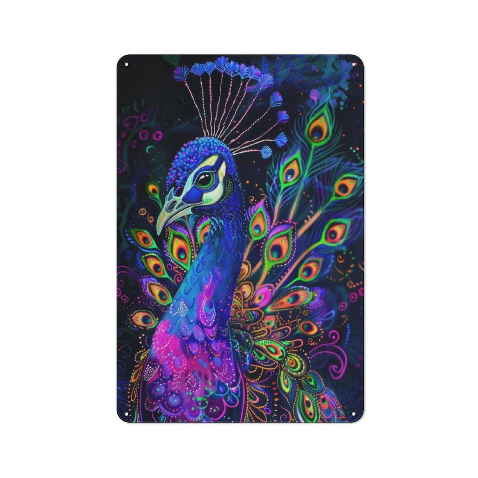 Industrial Metal Sign with Neon Peacock Portrait Design 30x20cm, Modern Retro Loft Wall Plaque for Workspace, Cafe, Hallway Or Garage
