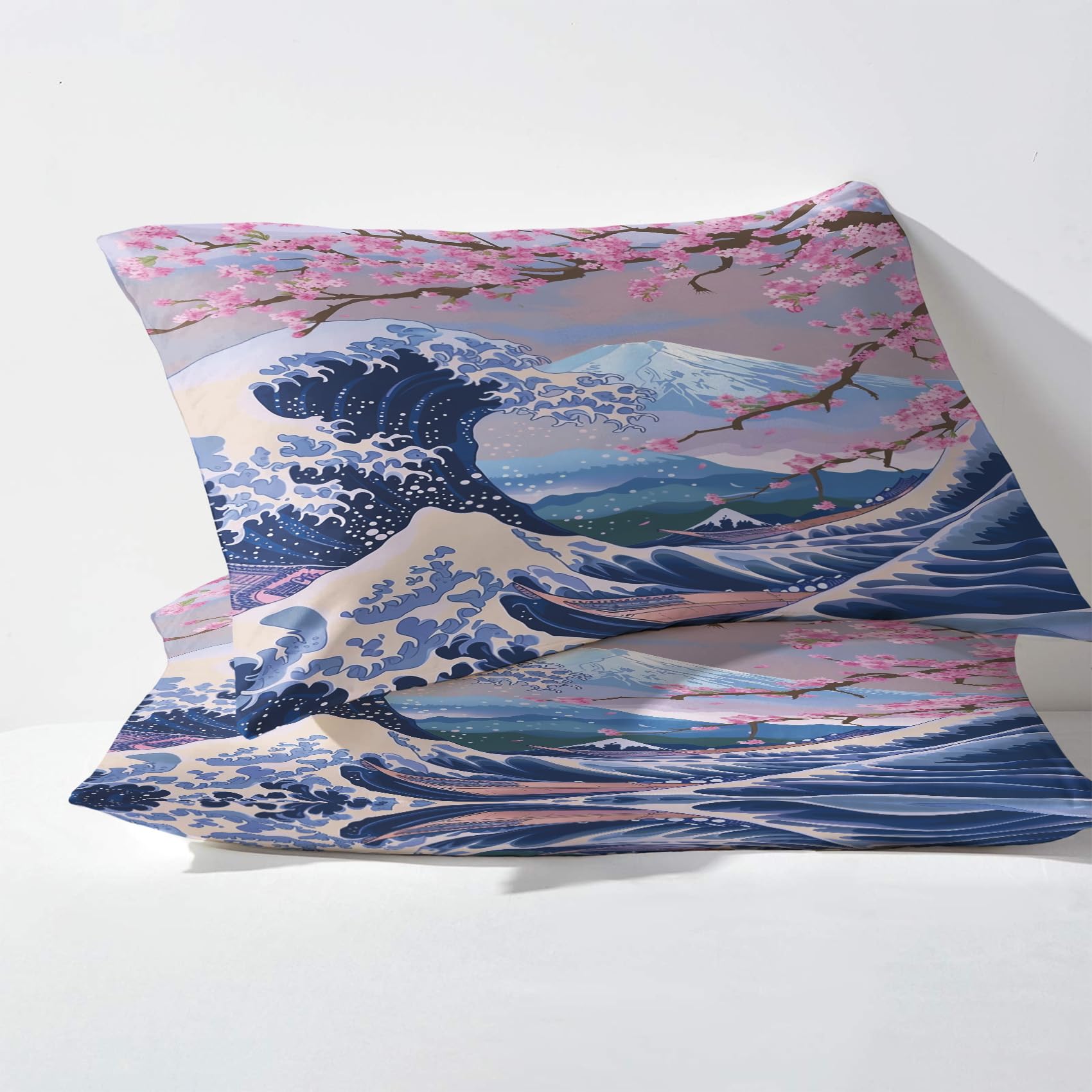 Vague Japonaise Housse de Couette 220x240 - Parure de Lit 2 Personne Adulte Fleur de Cerisier Kanagawa - Ensemble de Literie en Microfibre Douce avec Fermeture éclair, 2 Taies d'oreiller 65x65 cm