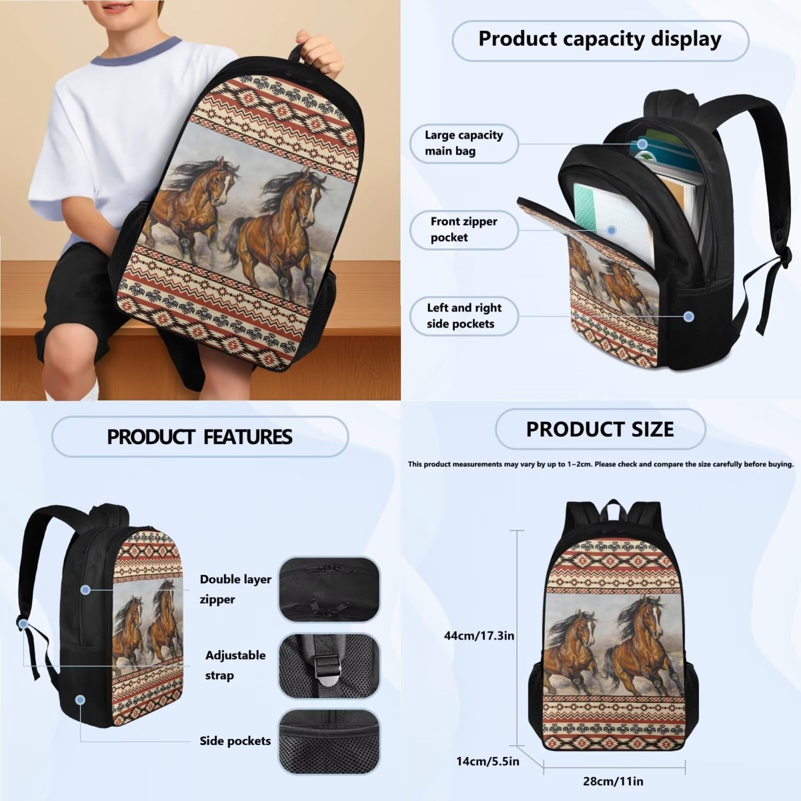 Poceacles Zaino scolastico con borsa per il pranzo e astuccio per ragazze e bambini, set da 3 pezzi, borsa per la scuola Mochila Escolar para NiñAs, Cavallo tribale azteco