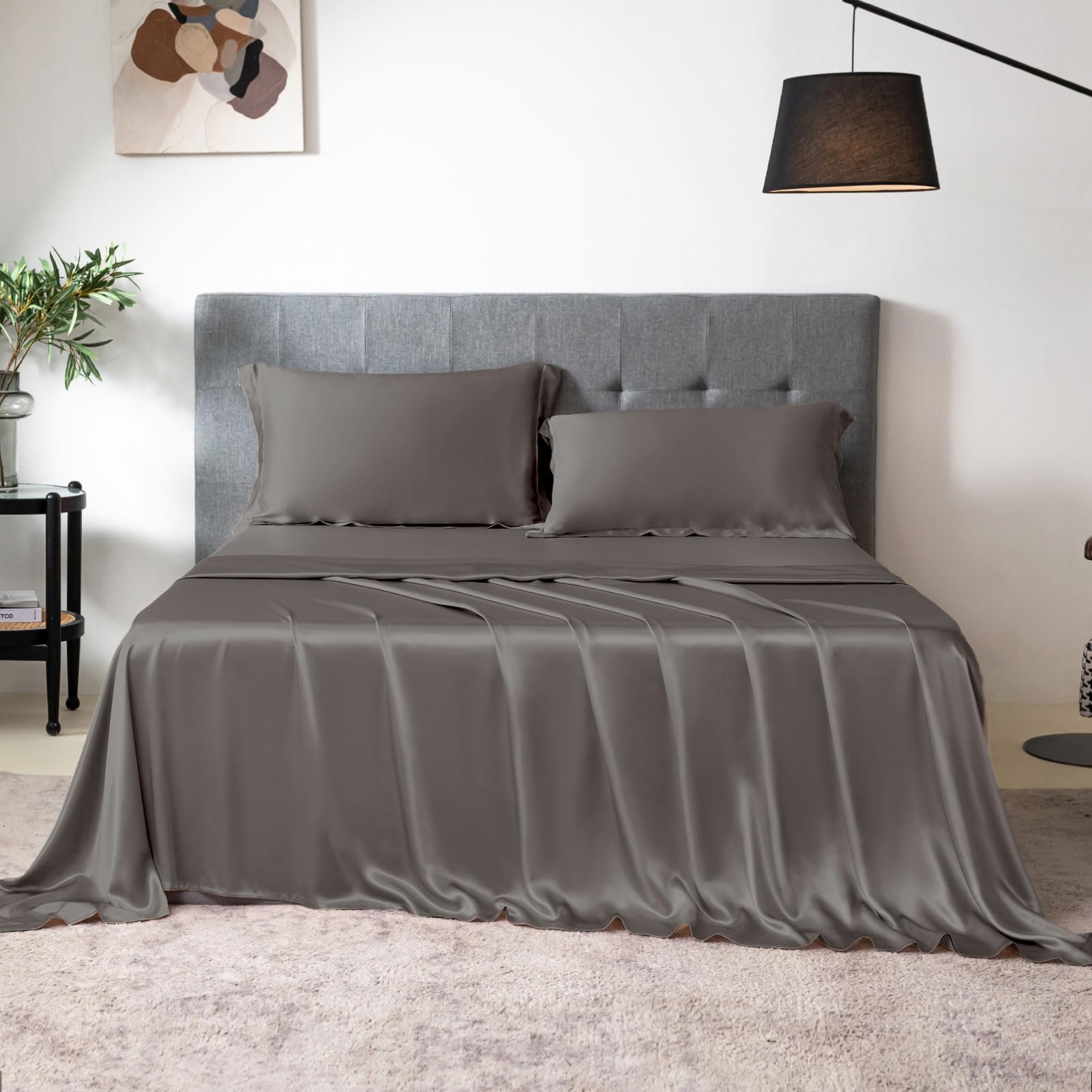 THXSILK100% Mulberry Silk Sheet Set, 7A+ Silk Sheet Set Soft Breathable, Luxury Bedding (1 Flat Sheet, 1 Fitted Sheet, 2 Pillow Shams) Queen, Charcoal