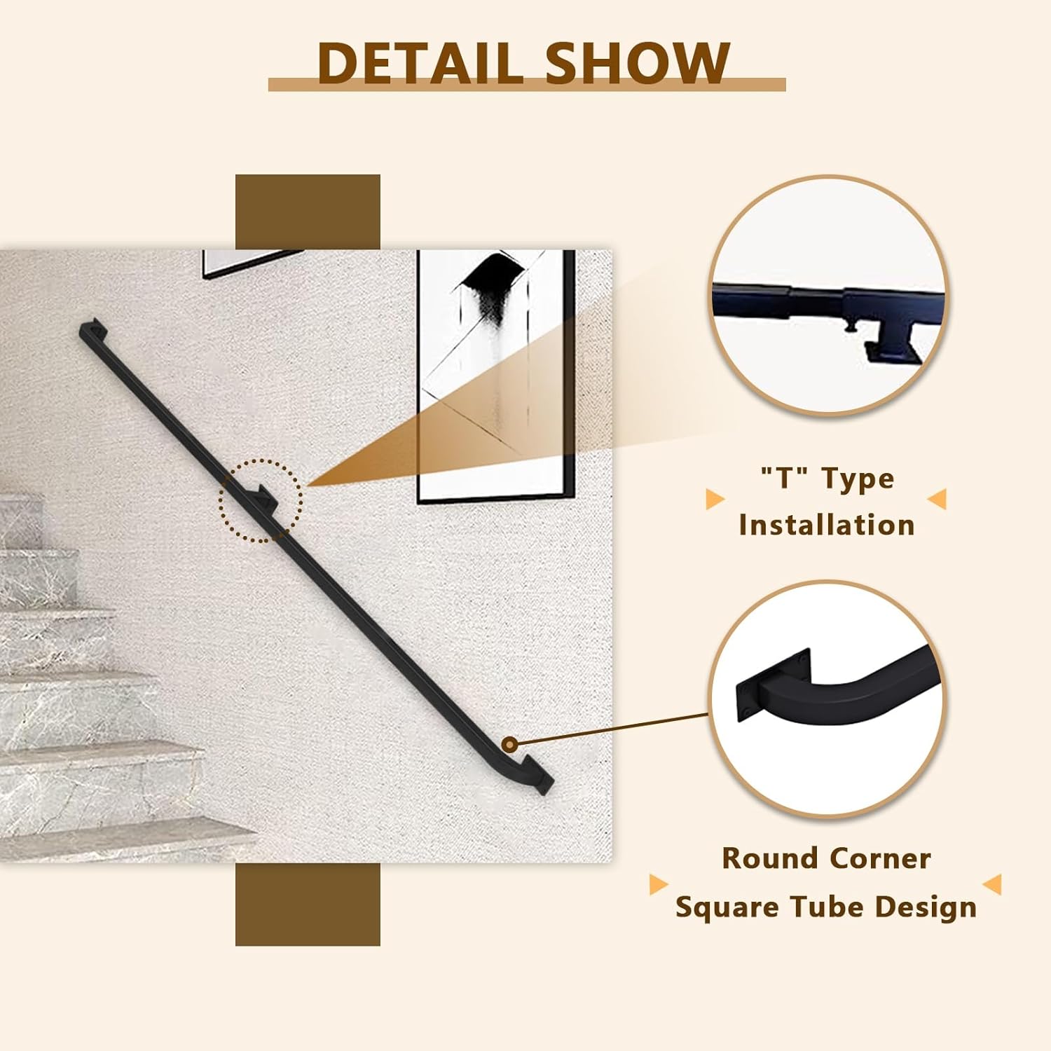 Modern 1-20ft Black Stair Railing - Wall-Mounted Durable Wrought Iron Brackets & Metal Screws Stylish Indoor Safety Solution for Stairs 30cm Size.