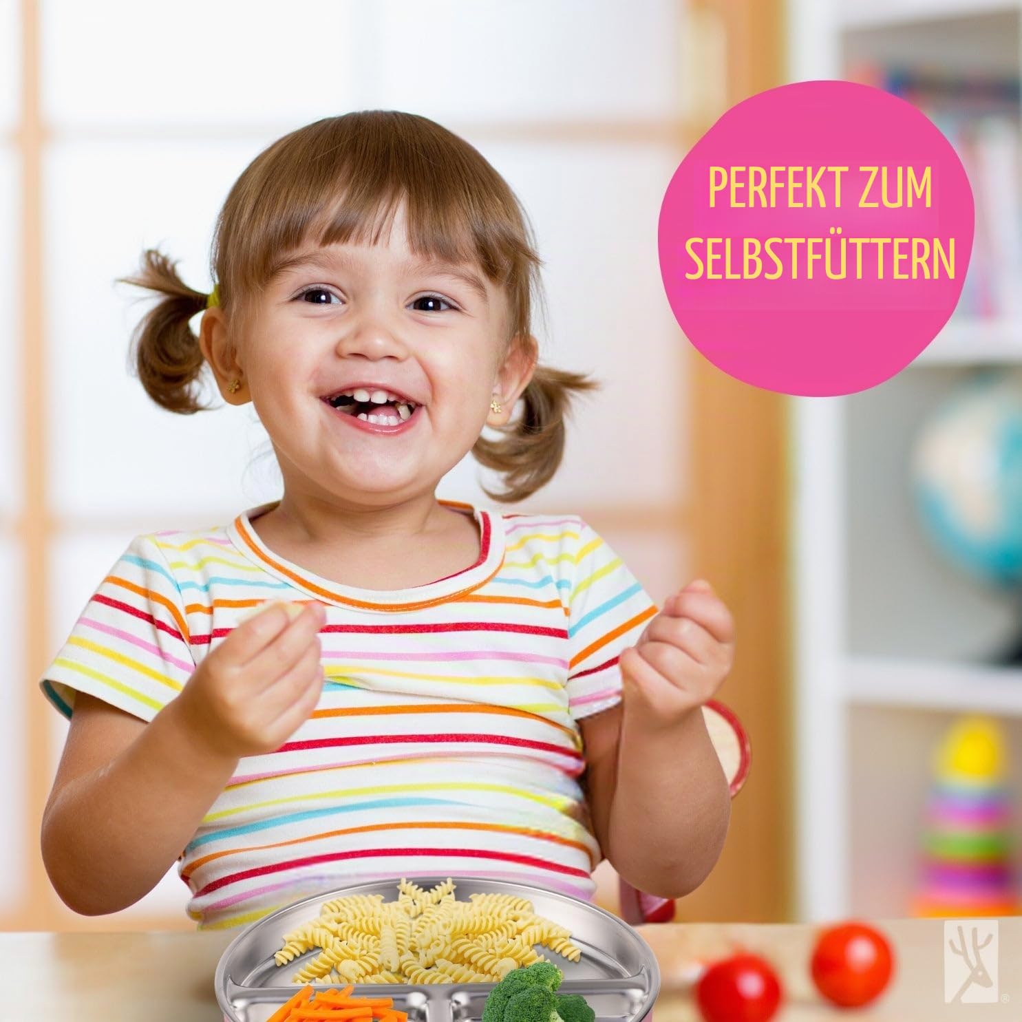 Elk and Friends Kinder Edelstahl Unterteilungsteller mit Silikon-Saugnapf-Hüllen | Deckel inklusive | Für Babys & Kleinkinder | Spülmaschinenfest | Rutschfestes Geschirr | Snackteller | 2er Set