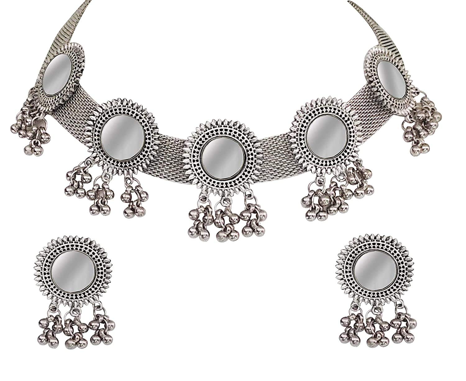 ARADHYA ` Base Metal Afghani Oxidised German Jewellery Stylish Antique Mirror Choker Necklace Set for Women (Silver) (B08HQTC8FW) Amazon Price History, Amazon Price Tracker