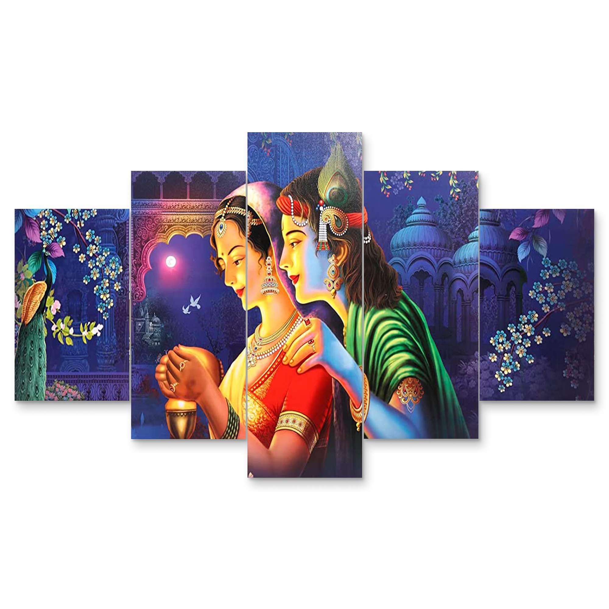 JWALA CRAFT Radhe Krishna Wall Art - Set of 5, 3D Framed Paintings - Home Decor, Large Size (75 x 43 cm) - Divine Tranquility for Living Spaces (JWALA CRAFT06)