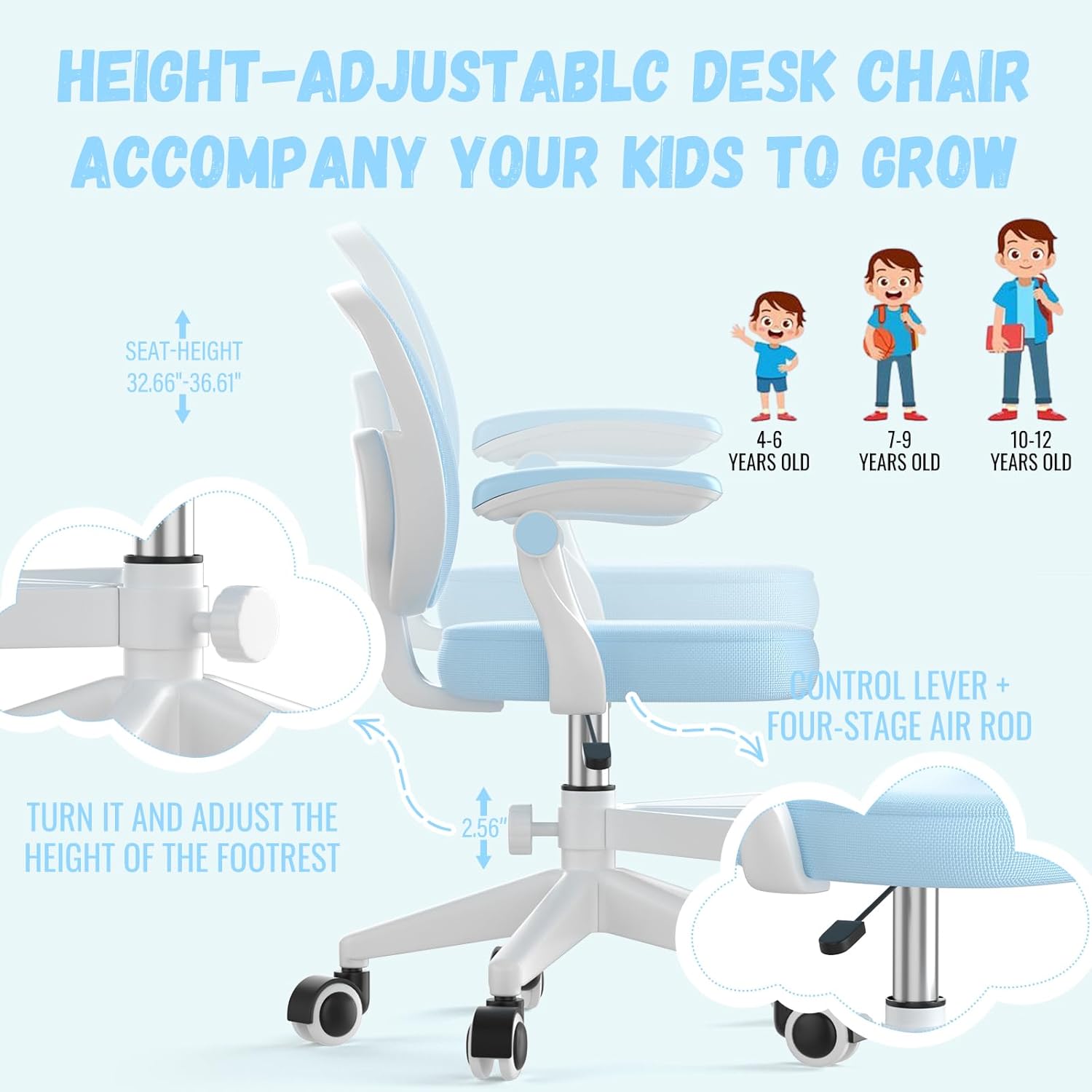 Adjustable Kids Desk Chair, Ergonomic Children Study Computer Chair with Footrest & Flip-up Armrest, Mesh Student Teen Task Chair with Wheels, Kids Office Chair for Boys Girls Age 4-12 Home (Blue)