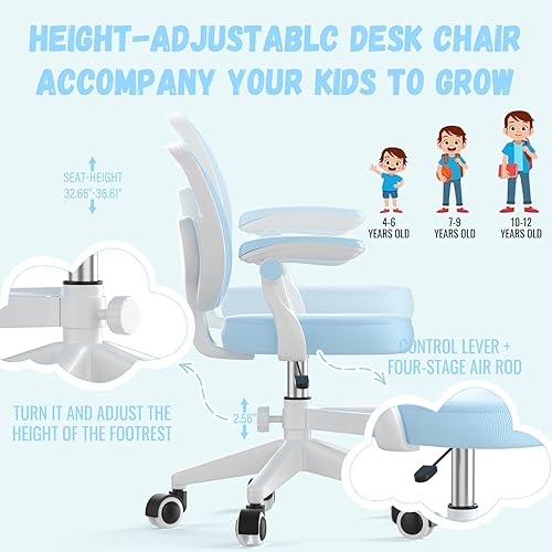 Miniatura 5 de Adjustable Kids Desk Chair, Ergonomic Children Study Computer Chair with Footrest & Flip-up Armrest, Mesh Student Teen Task Chair with Wheels, Kids