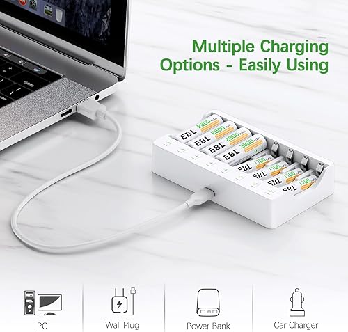 Miniatura 6 de EBL Cargador de batería AA AAA de 8 bahías, cargador de batería individual con función de carga rápida de 5 V 2 A para baterías recargables Ni-MH