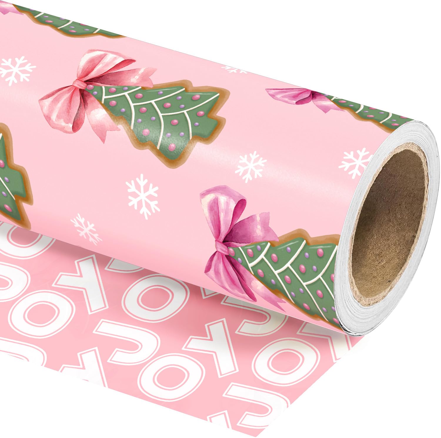 RUSPEPA Reversible Pink Christmas Wrapping Paper - Mini Roll - 43.2cm x 5m - Pink Gingerbread Tree Wrapping Paper with Pink Bow and Joy Design for Girls Kids, Christmas, Winter Season — image 1