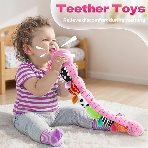 Miniatura 4 de HEMRLY Juguete sensorial para bebés de 0 a 6 meses, peluche musical de oruga con mordedor rosa