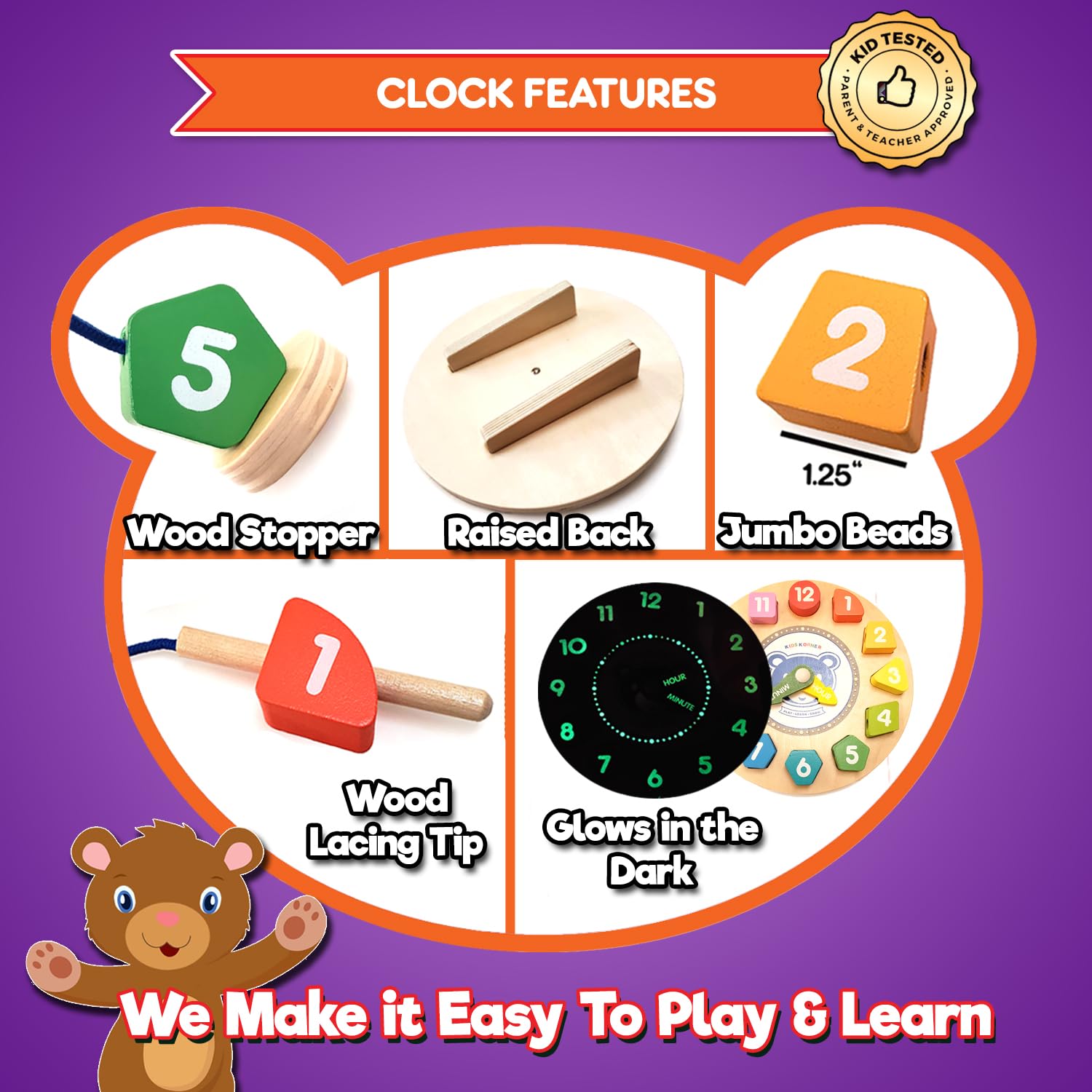 Orologio in legno con pizzo e apprendimento per bambini, forme, colori, lacci e tempo di rivelazione, si illuminano al buio abilità motorie sottili e giocattoli in legno con e-book