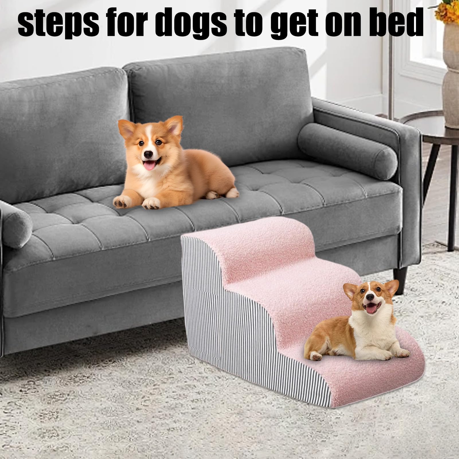Escalones de perro para cama – Rampa de espuma de apoyo articular para mascotas mayores, gatos, diseño estético gris suave antideslizante, 40-72 cm de altura, 700 g a 1600 g de peso, fibra de esponja