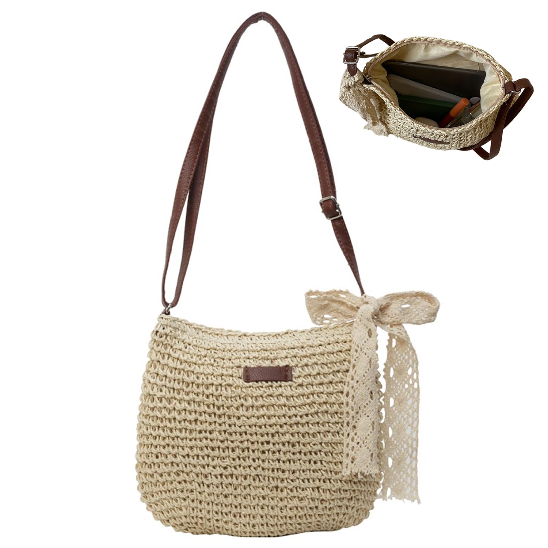 Wedhapy Straw Handbags Straw Beach Bag for Women Braided Single Shoulder Handbags Large Capacity Crossbody Summer Bags with Zipper for Holiday Travel, Beige