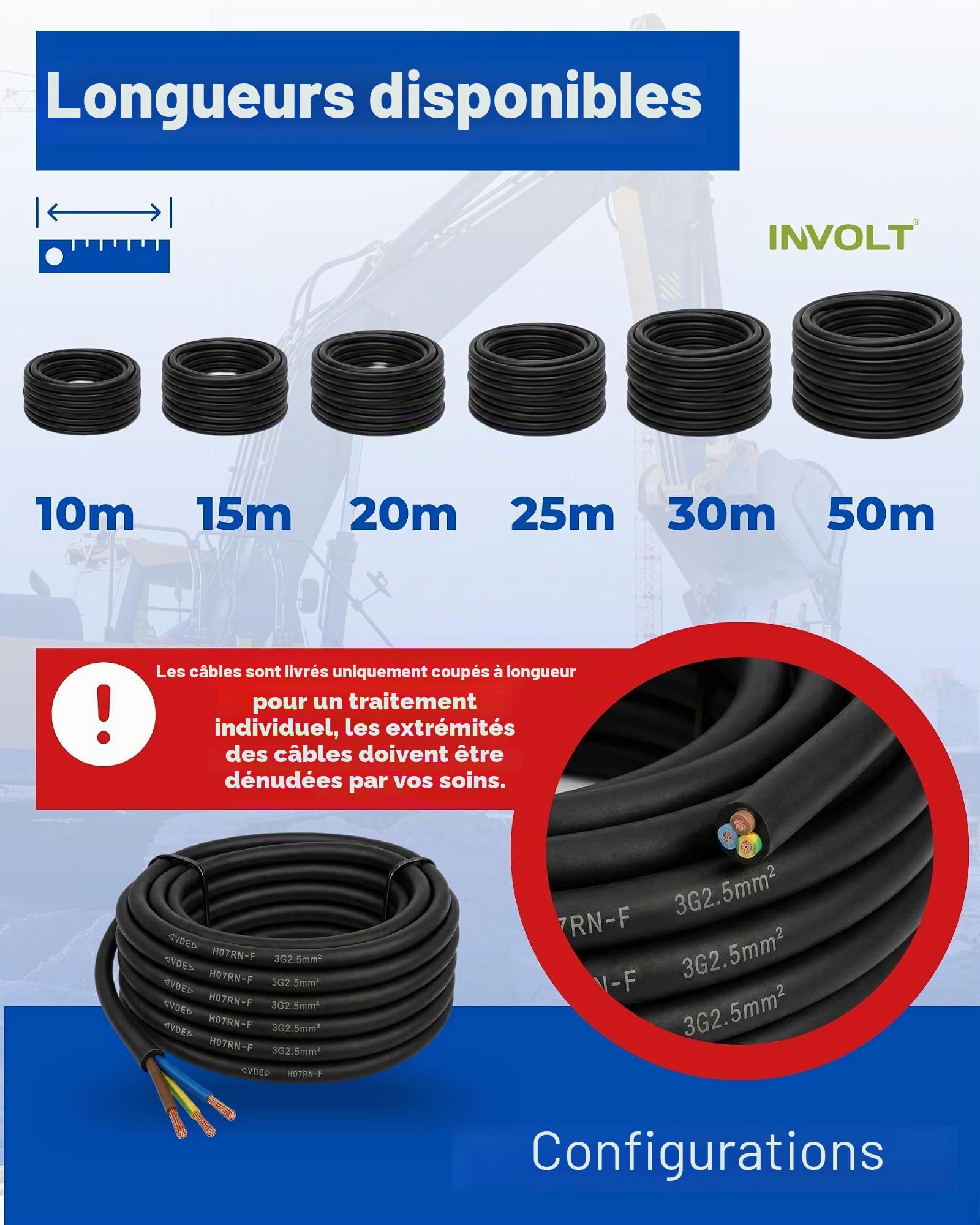 INVOLT H07RN-F 3 x 2,5 mm² Câble en caoutchouc VDE flexible avec conducteur de protection 10 m