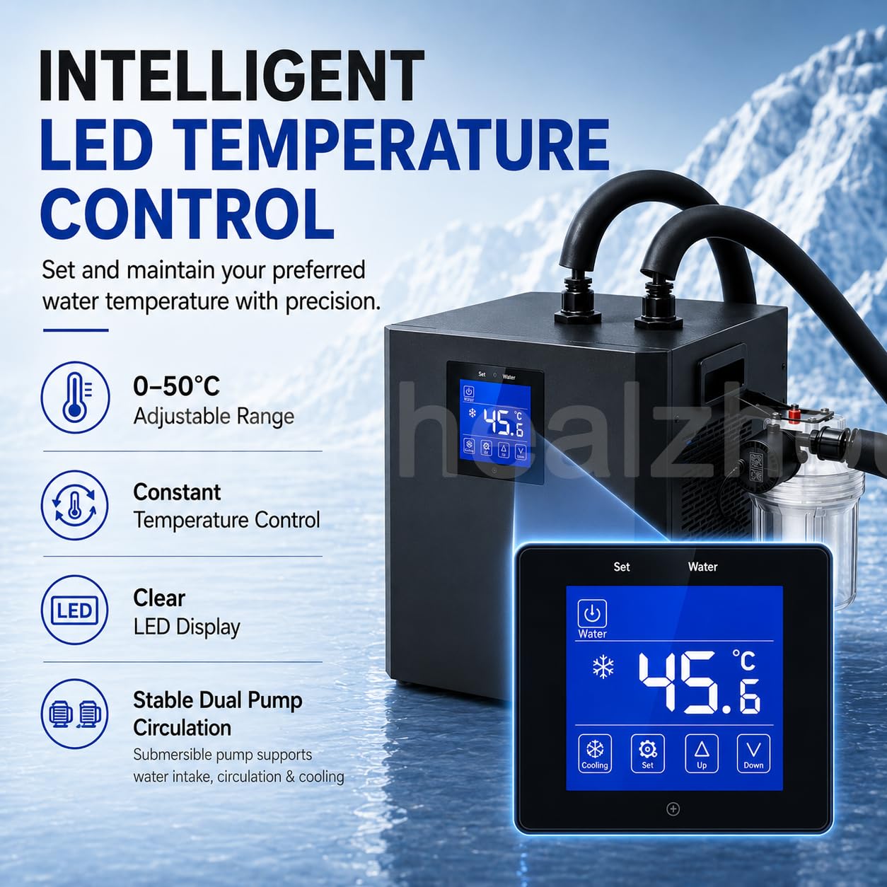 Ice Bath Water Chiller 1/3HP, Doppel-Pumpen Durchlaufkühler mit Submersible Pump, Externer PP-Filter, LED 0–50°C Kontrolle, Leise <45 dB, 300L Eisbad für Zuhause und Mini-Pools