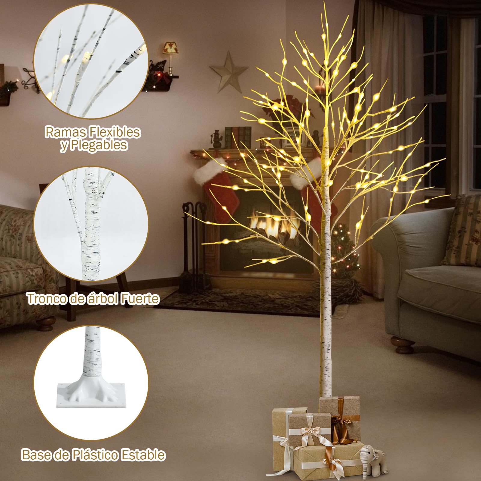 GYMAX Árbol de Navidad 120/150/180 cm, Abedul Iluminado con 48/72/96 Luces LED Blanco Cálido, Árbol de Navidad de PVC, Decoración Brillante para Navidad, Hogar (120 cm)