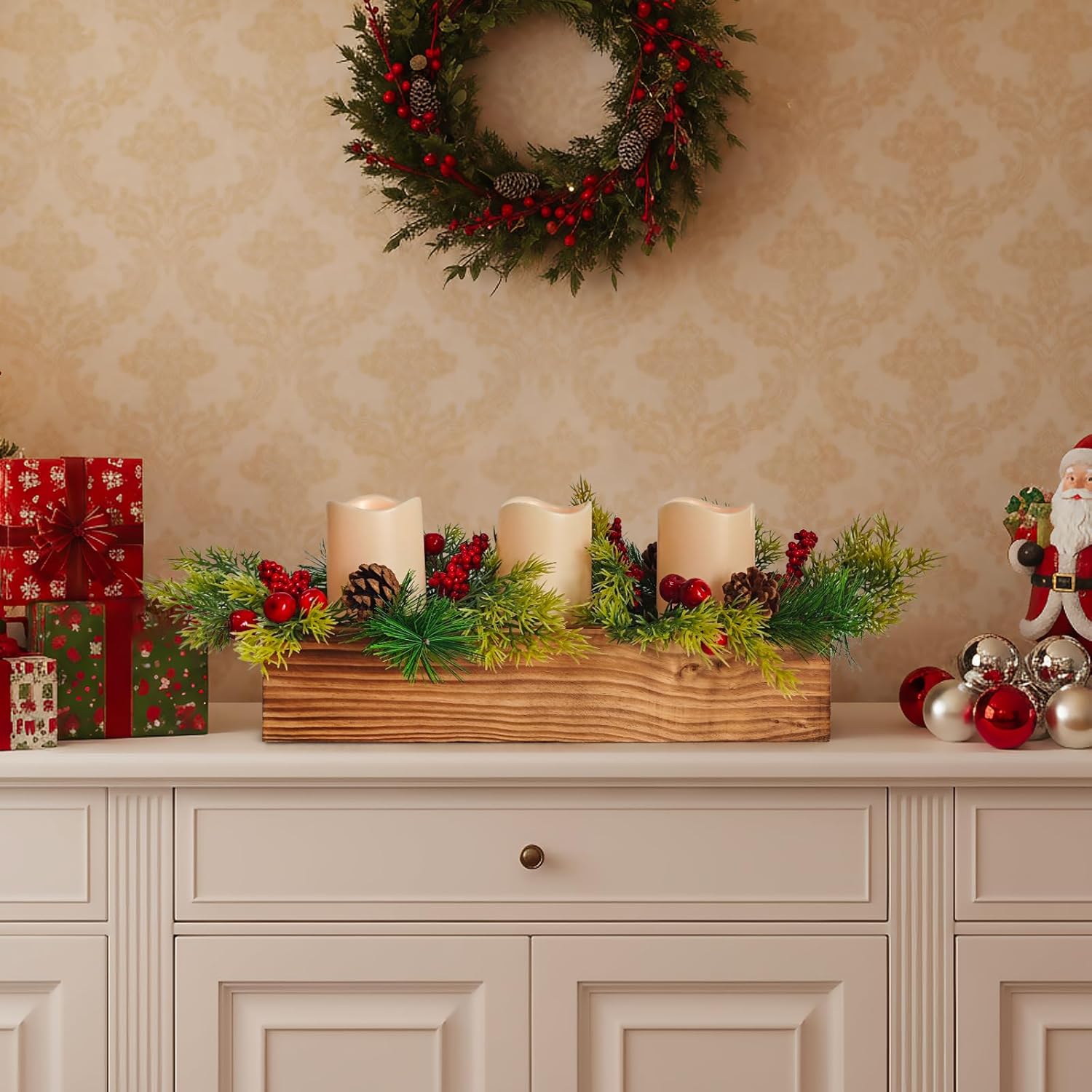 Christmas Table Centerpieces with 3 Flameless LED Candles, Pine Cones and Red Berries, Rustic Wood Candle Holders Centerpiece for Holiday Dining Table, Home, Xmas Party Decoration