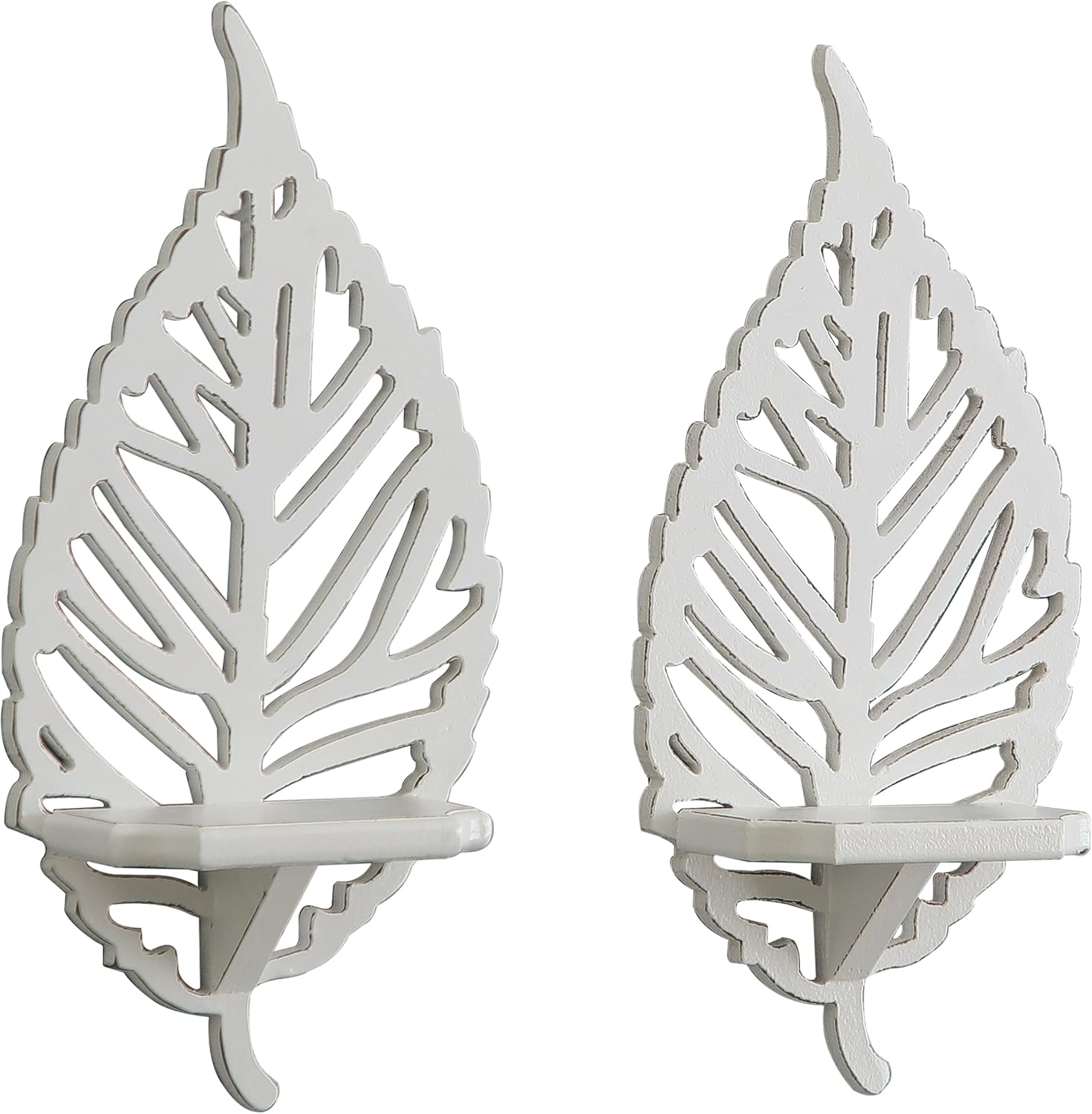 SOFE Decorative Leaf Wall Sconce Set, White Metal Floating Shelves, Farmhouse Wall Mounted Display Shelf for Candles, Plants, Home Decor, 2 Pack