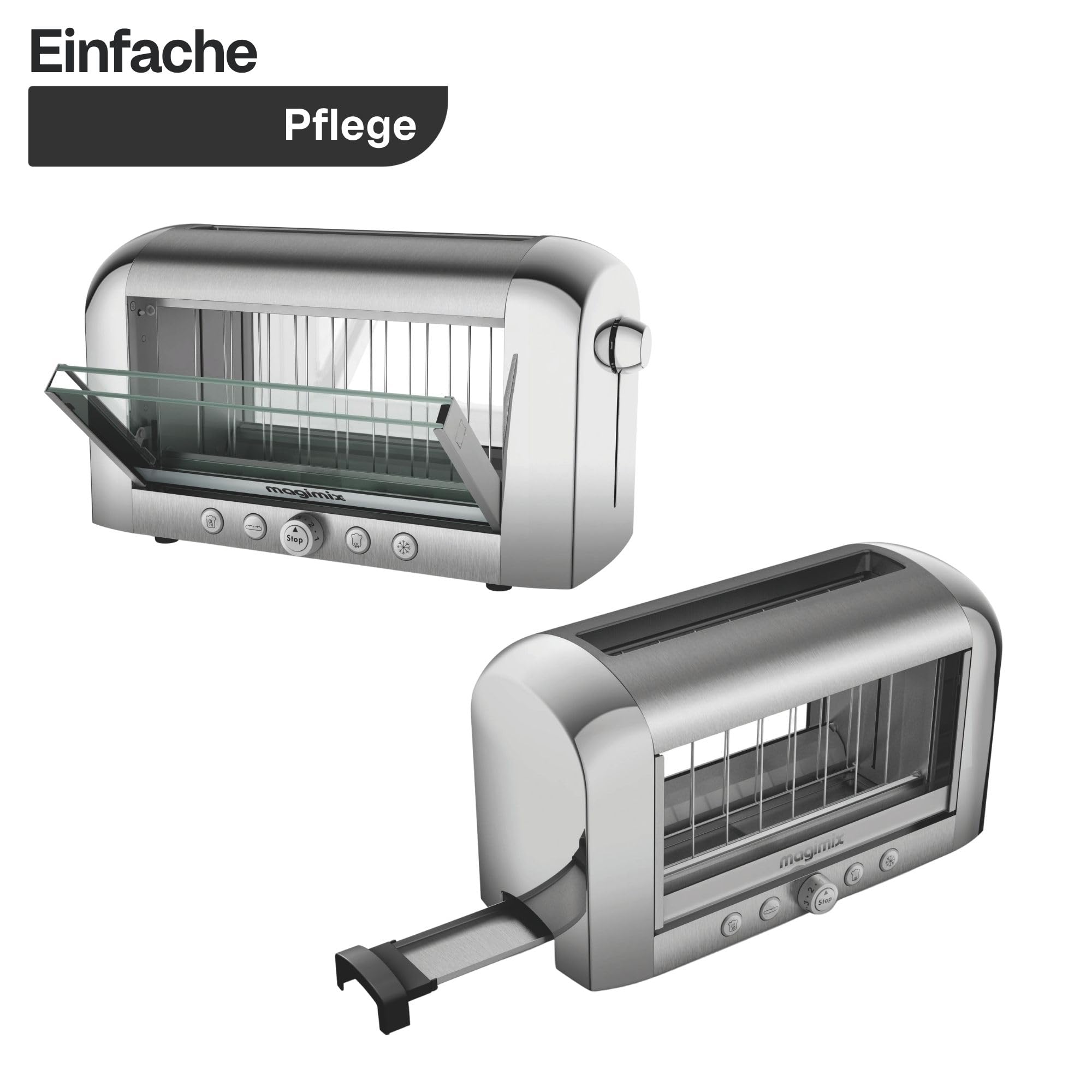 magimix Toaster – Vision - Design-Toaster mit Glasfenster, 2 Scheiben, Auftau- & Aufwärmfunktion, extra breite Schlitze, Krümelschublade, 1450W, Schwarz/Edelstahl