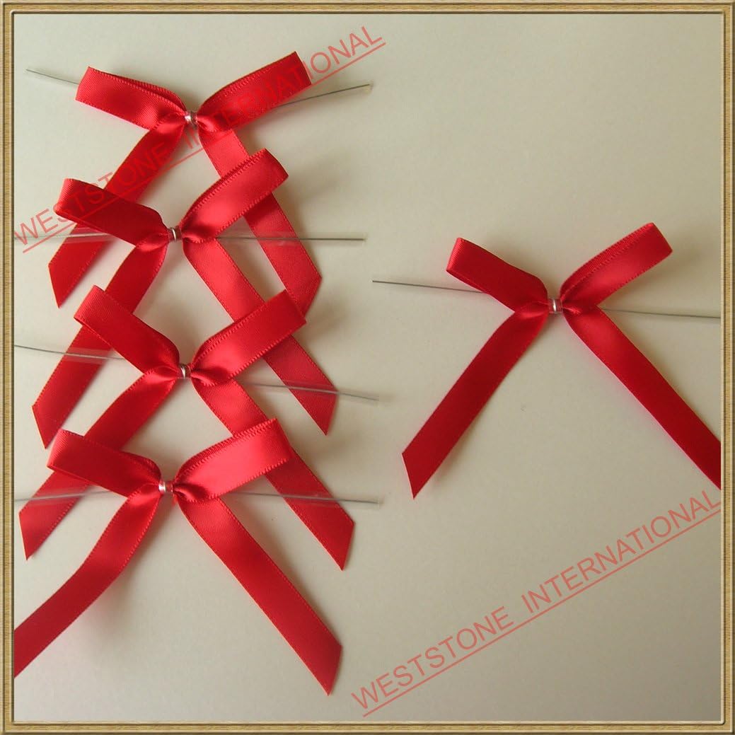Weststone 25pcs 2 1/2" Solid Red Satin Fabric Pre-Tied Ribbon Bows for Cello Bags