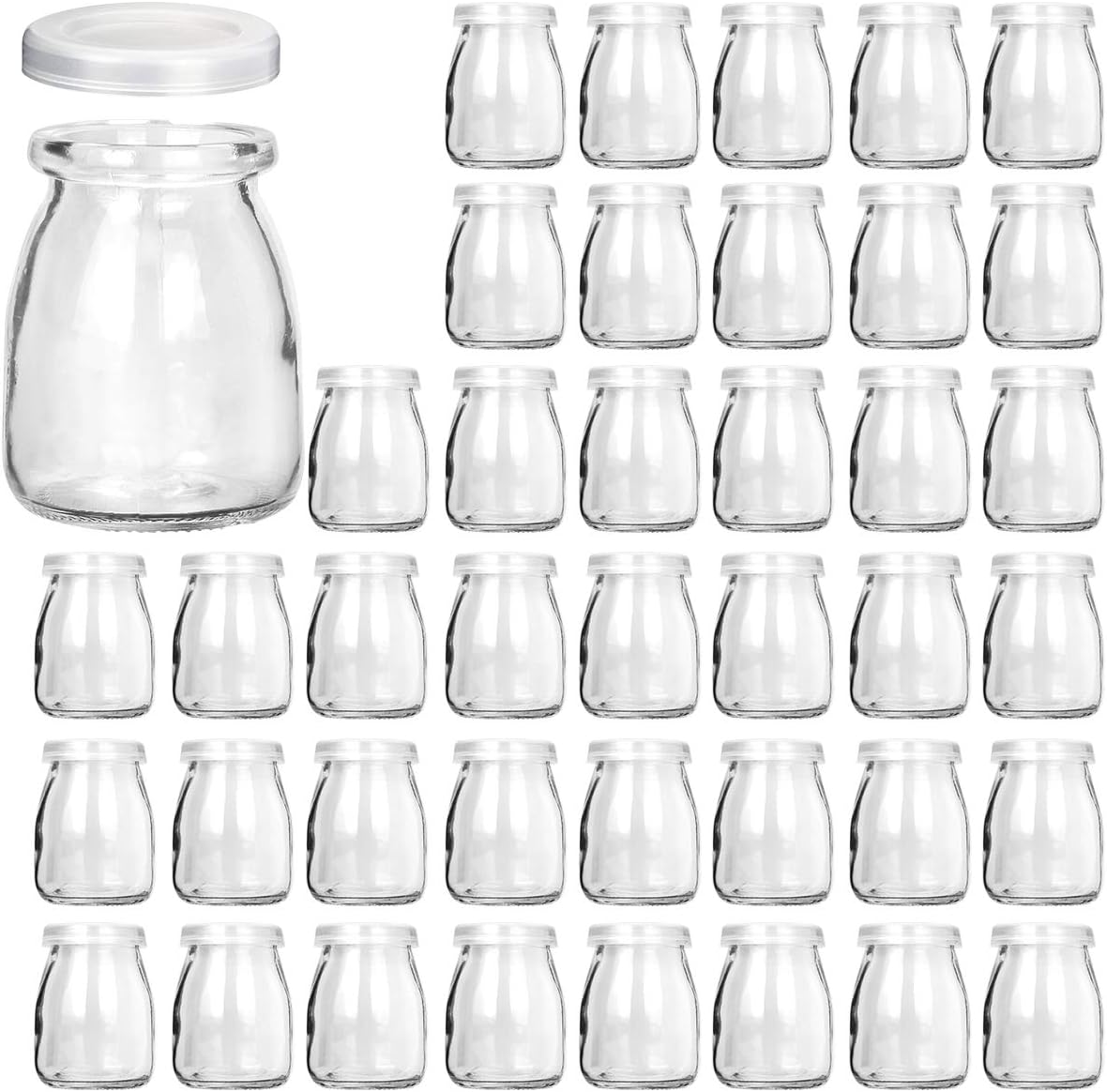 KAMOTA Glass Yogurt/Pudding Jars With PE Lids, Ideal for Jam, Honey, Wedding Favors, Shower Favors 40 PACK 4 oz Clear, (150ml)
