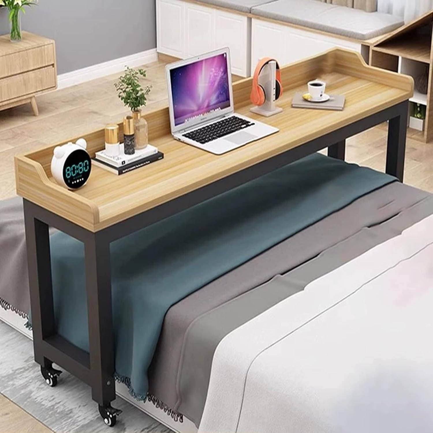 Bedroom Mobile Bed Desk for laptope, overbed Table with Baffles, Home Over the Bed Working Table, overbed Table with 360° Wheels, Hospital Rolling Table.