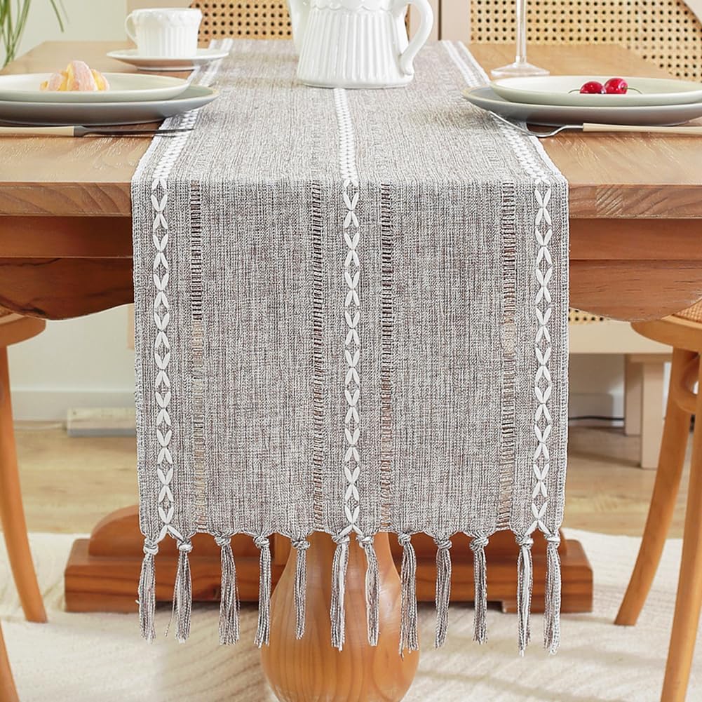 Brown rustic cotton linen braided table runner with tassels