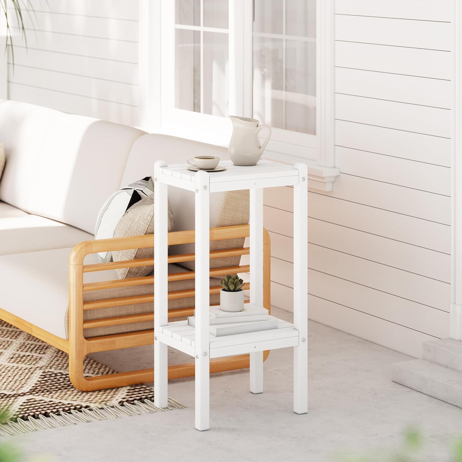 Costaelm Outdoor Side Table, 2-Tier Small Patio Coffee Tables for Outside, Outdoor End Tables for Patio, Adirondack Side Table for Outside, Outside Table for Pool, Porch, Garden, White