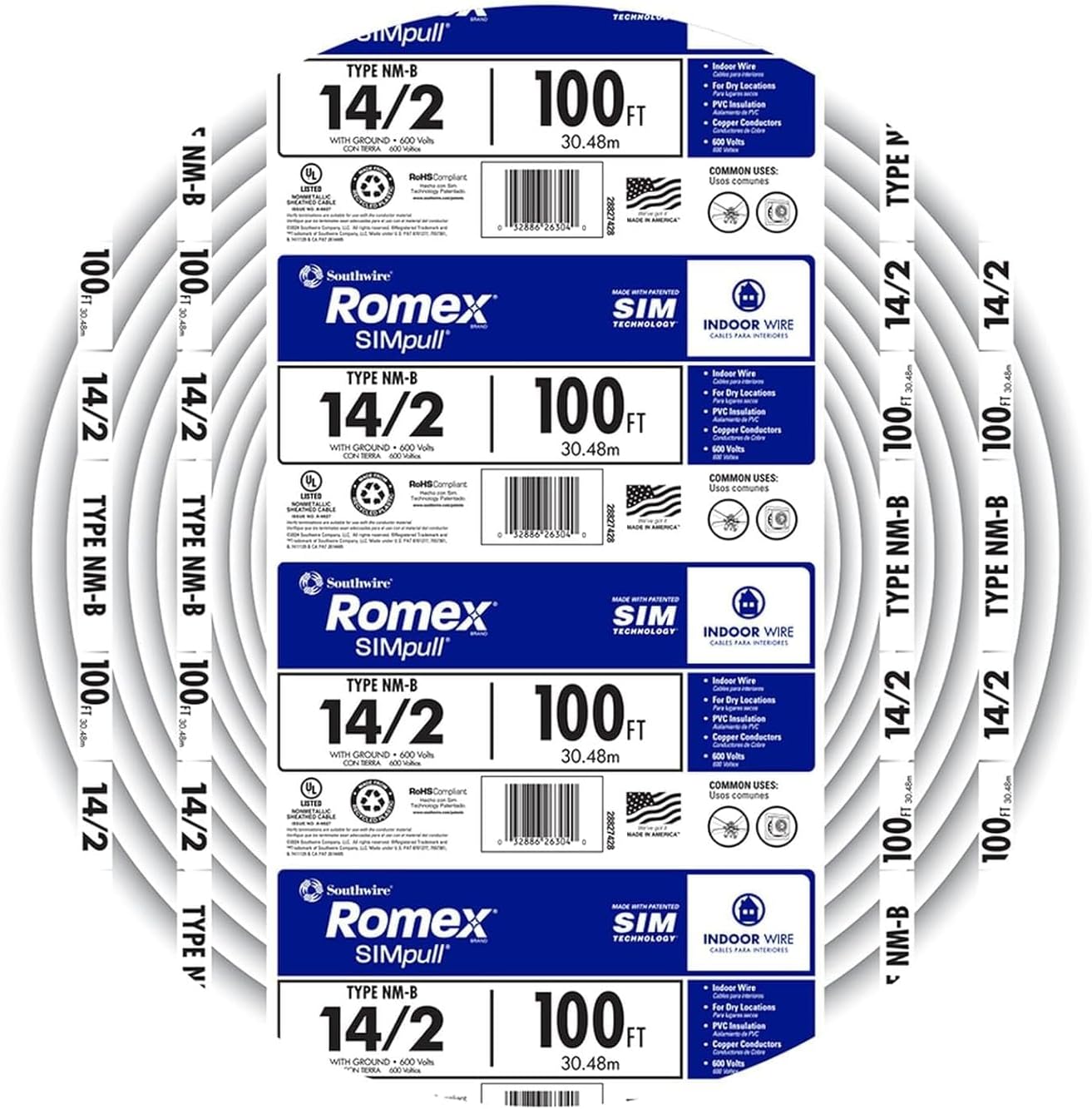 Southwire Romex Brand Simpull Solid Indoor 14/2 W/G NMB Cable 100ft Coil - SW# 28827423