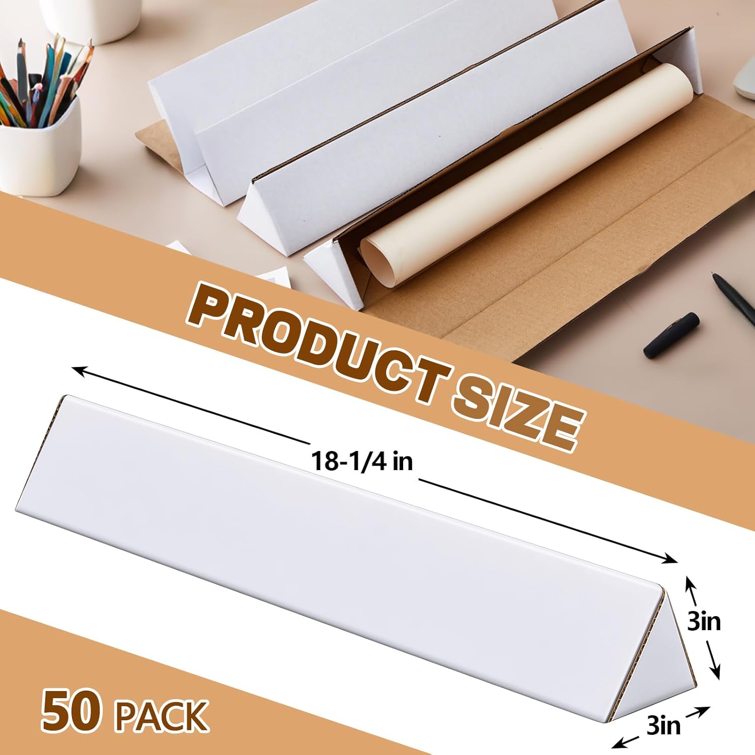 Tatuo 50 Pcs Triangle Mailing Shipping Tubes 18.25" L x 3" w x 3" h Oyster White Corrugated Cardboard Box Poster Tube for Protecting, Shipping, Mailing and Storage of Artwork, Crafts, Long Art Holder 18.25"l X 3"w X 3"h White 50
