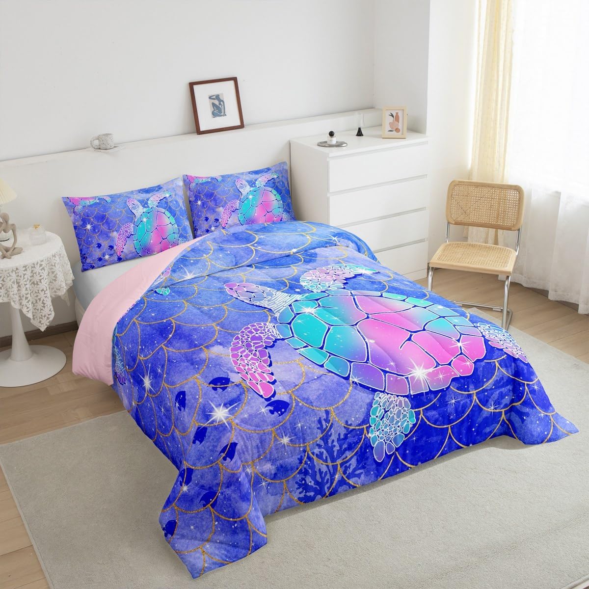 Sea Turtle Kids Comforter Sets Toddler Size,Coastal Sea Animals Bedding Sets,Fashion Purple Gold Scale Printed Quilt Set Bedroom Decor 2 PCS,Shining Starry Sky Quilt Set with 1 Pillowcase