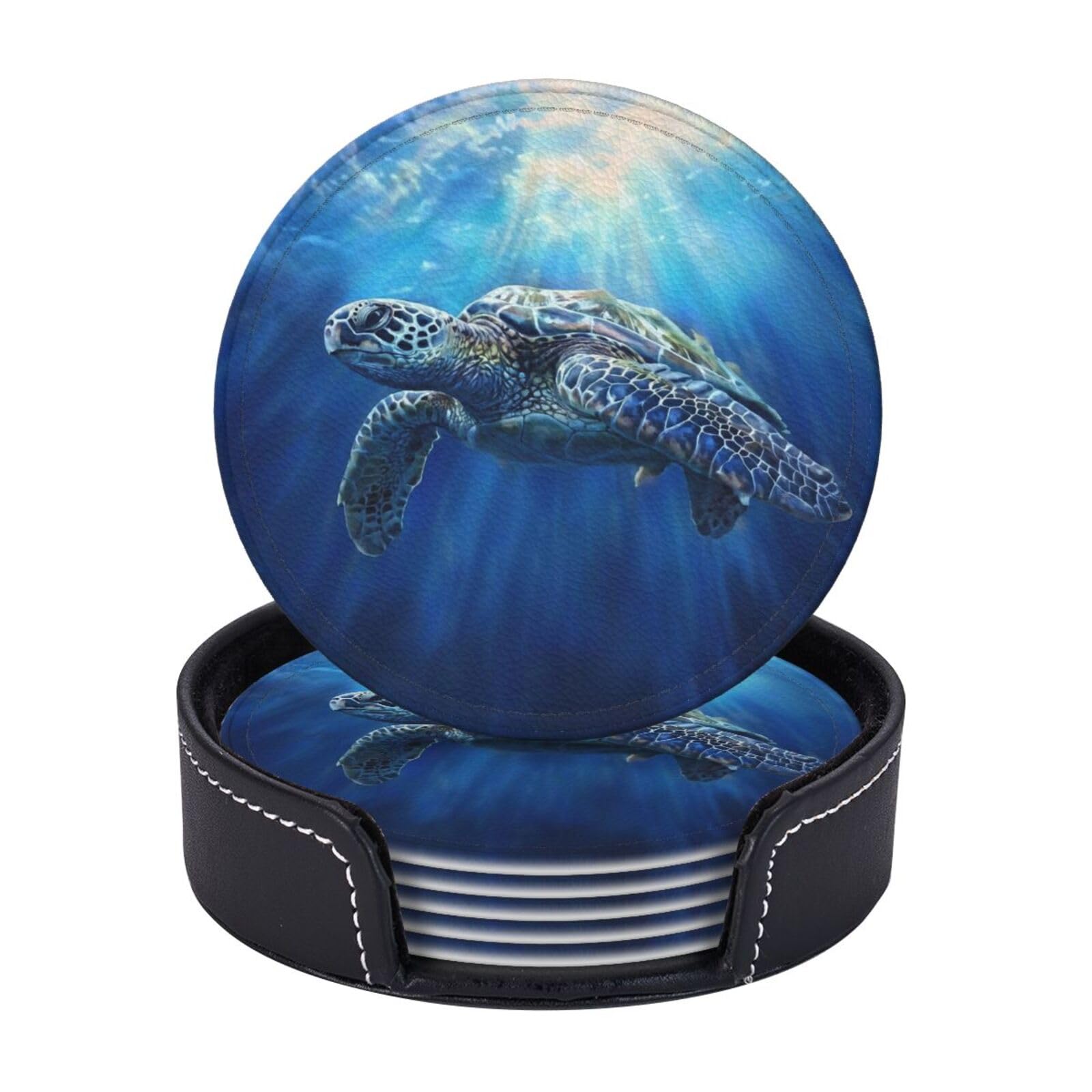 Drink Coasters 6 PCS Round Leather Coaster Deep Blue Ocean Coasters for Drinks Non-Slip Mugs Pads with Holder Personalized Cups Pad Mat for Coffee Table Kitchen 10 CM